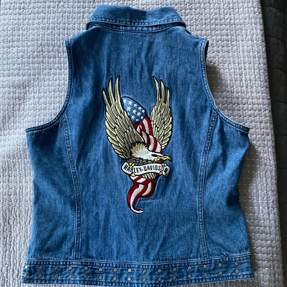 Harley-Davidson Blue and Red Denim Vest with Winged Design